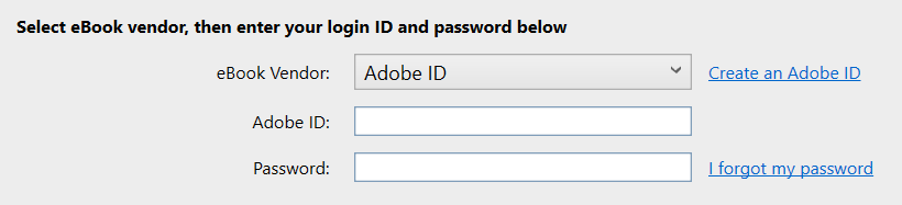 Ein Anmeldeformular in Adobe Digital Editions. Es gibt ein Dropdown-Feld für „E-Book-Anbieter“, in dem „Adobe-ID“ markiert ist und Textfelder zur Eingabe einer „Adobe-ID“ und eines „Passworts“ vorgesehen sind